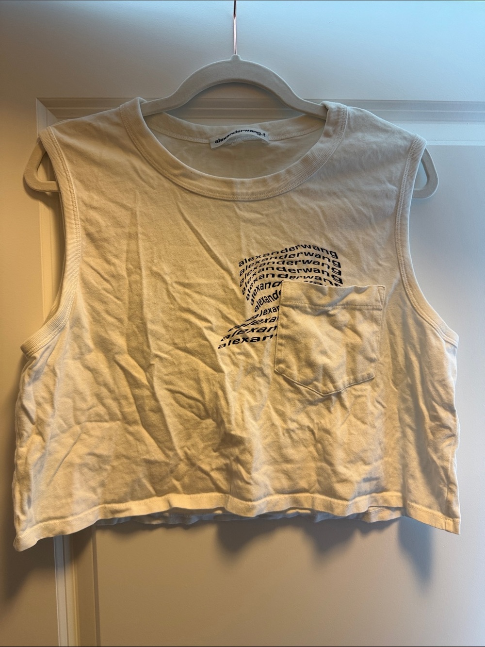 Alexander Wang Cream Cropped Pocket Tank with Logo Stack